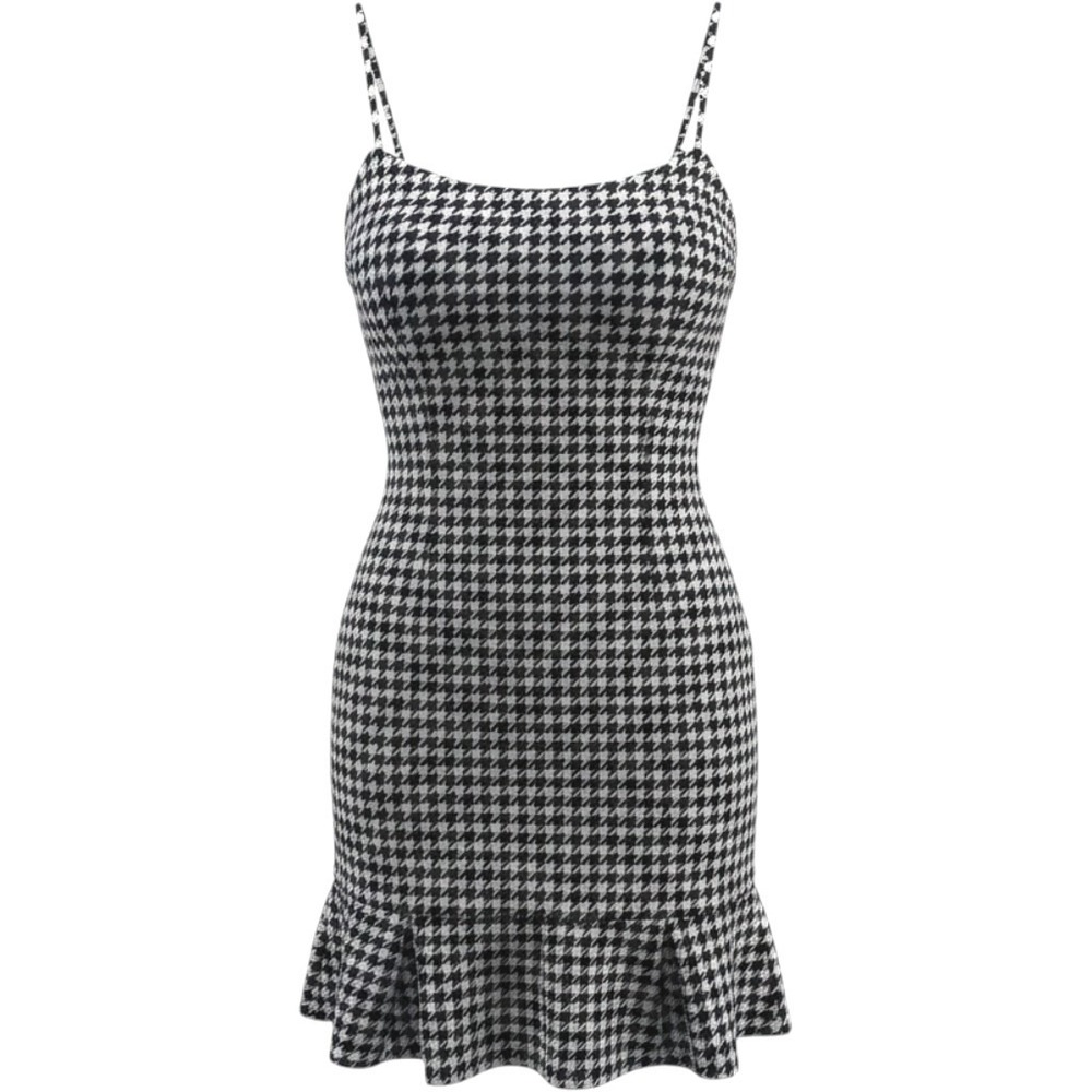 LIKELY NWT Black White Houndstooth Mini Dress Spaghetti Strap Ruffle Hem Size 4